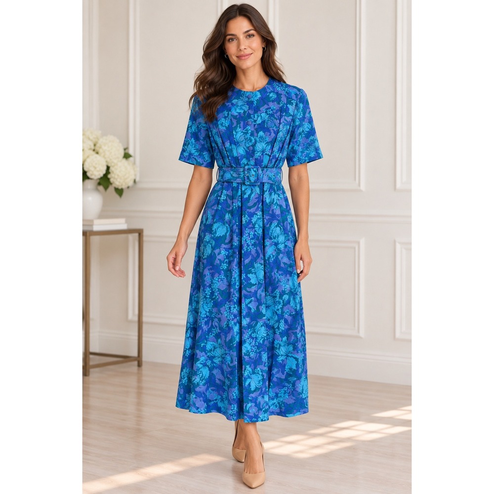Vintage Orvis Floral Pleated Midi Dress Womens 12 Blue Belted Botanical USA